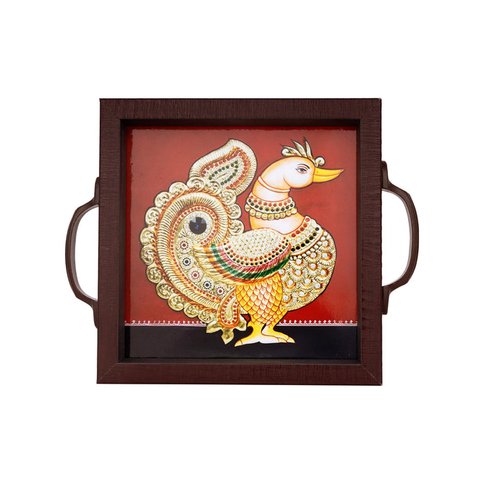 Tanjore Painting Wooden Tray - 6 x 6 Inches | Pooja Tray / Swan Design Pooja Tray For Home