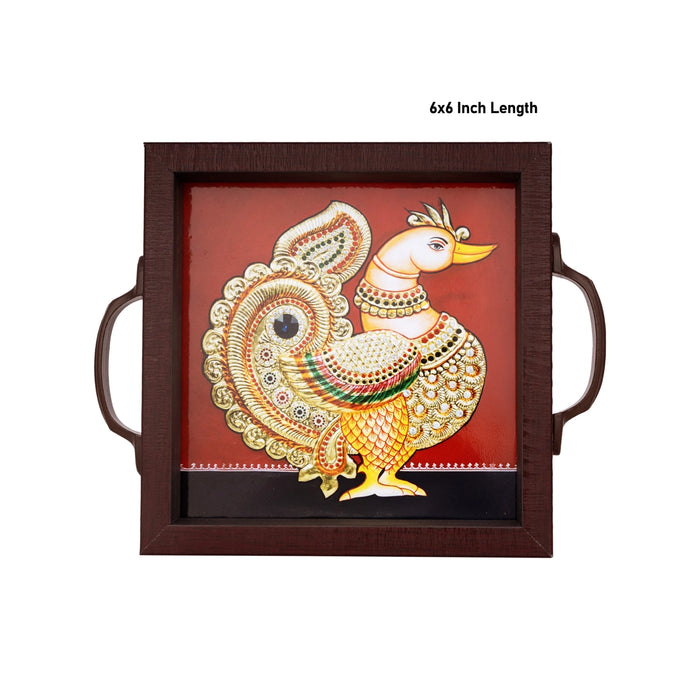Tanjore Painting Wooden Tray - 6 x 6 Inches | Pooja Tray / Swan Design Pooja Tray For Home