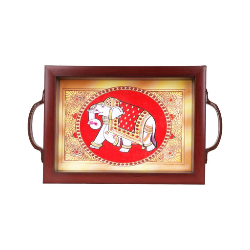 Tanjore Glass Painting Wooden Tray With Handle - 1.5X5X7.5 Inches | Elephant Design Serving Tray For Home Decor - Pooja Plate & Tray
