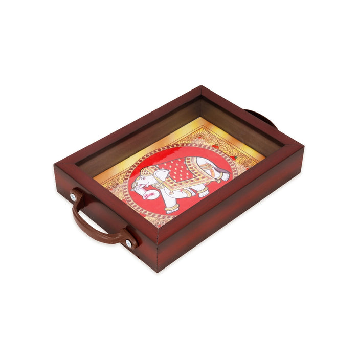 Tanjore Glass Painting Wooden Tray With Handle - 1.5X5X7.5 Inches | Elephant Design Serving Tray For Home Decor - Pooja Plate & Tray