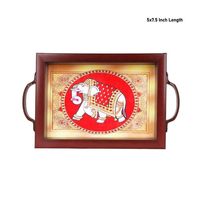 Tanjore Glass Painting Wooden Tray With Handle - 1.5X5X7.5 Inches | Elephant Design Serving Tray For Home Decor - Pooja Plate & Tray