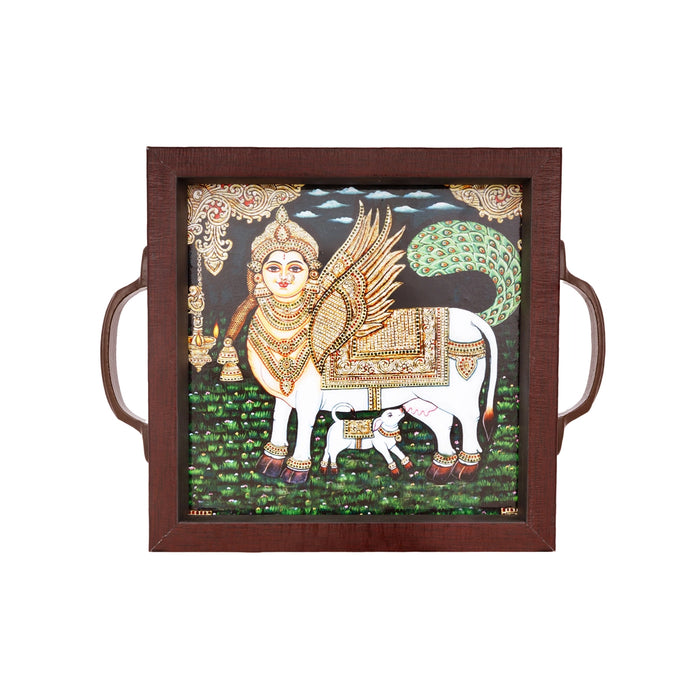 Tanjore Painting Wooden Tray - 6 x 6 Inches | Pooja Tray / Kamadhenu Design Pooja Tray For Home