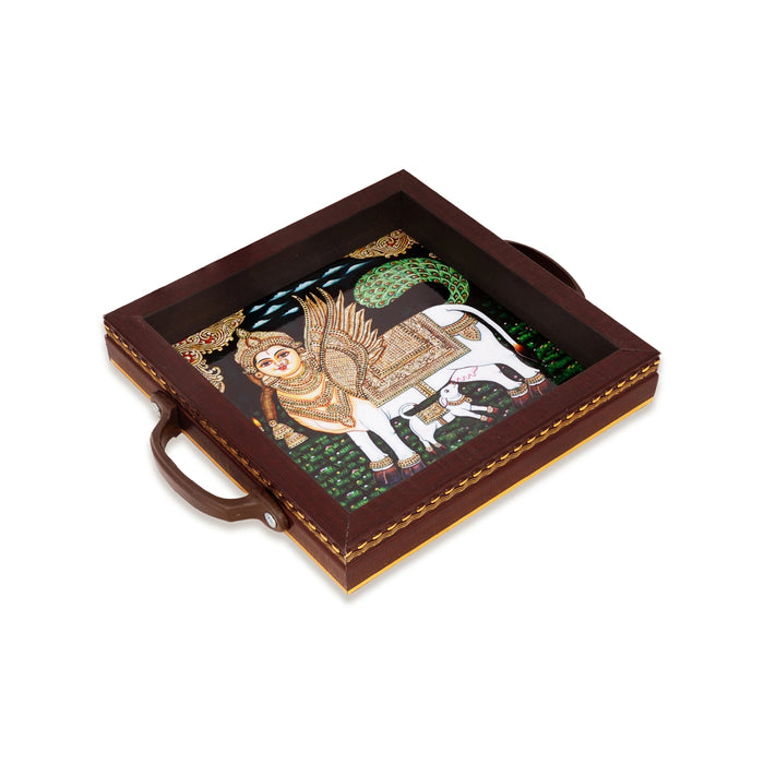 Tanjore Painting Wooden Tray - 6 x 6 Inches | Pooja Tray / Kamadhenu Design Pooja Tray For Home