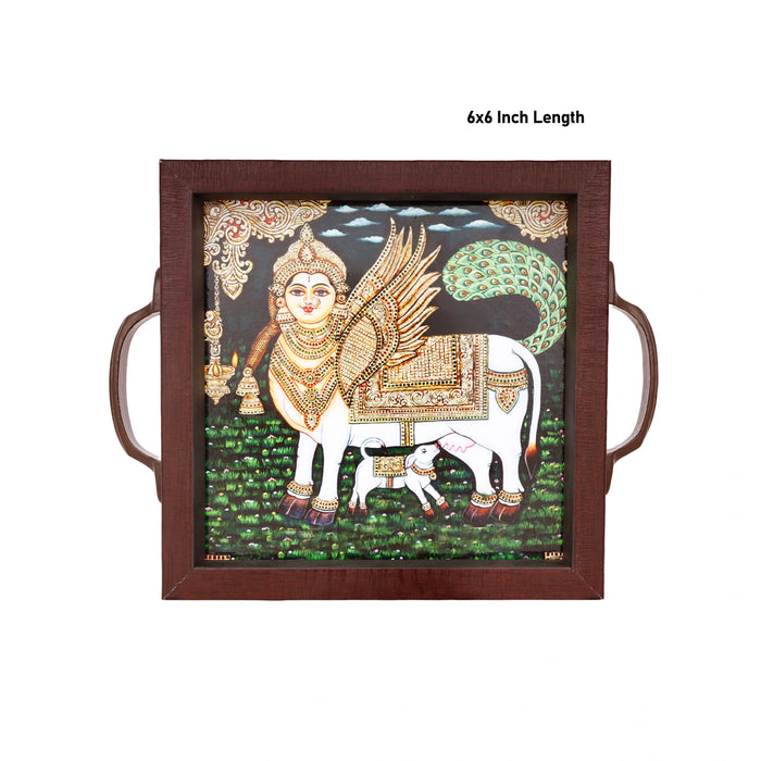Tanjore Painting Wooden Tray - 6 x 6 Inches | Pooja Tray / Kamadhenu Design Pooja Tray For Home