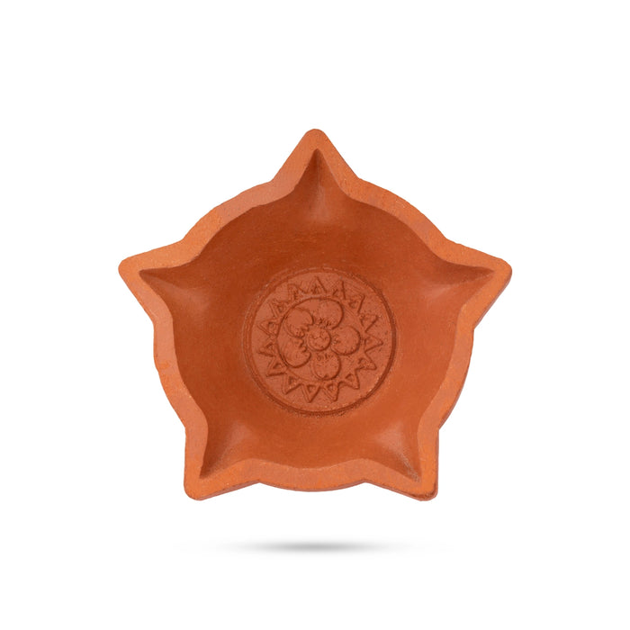 Clay Diya - 2.25 x 3.5 Inches | Star Shape Earthen Oil Lamps/ Mitti Diyas for Pooja & Festive Decor