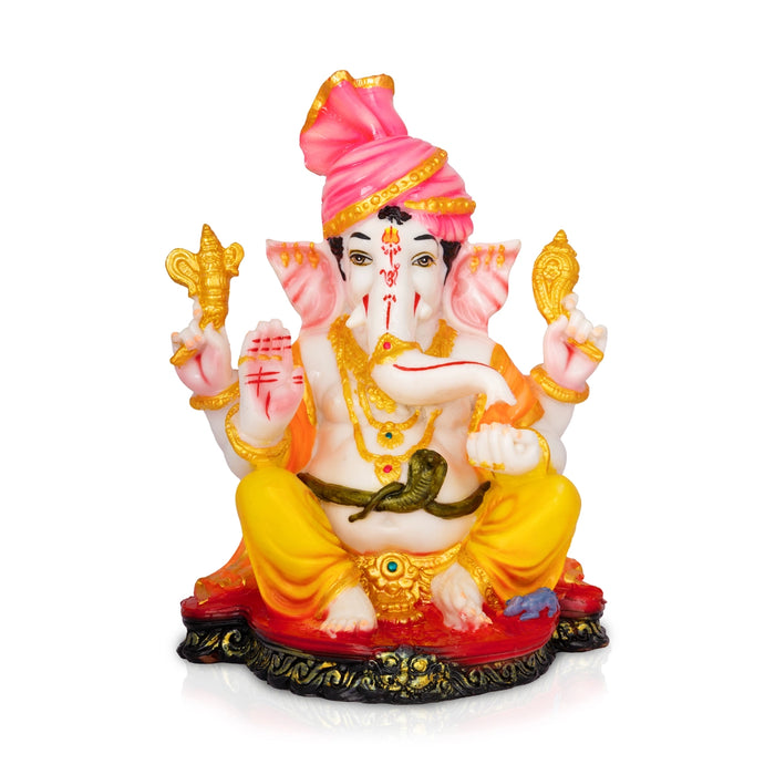 Pagdi Ganesha Sitting On Base Statue - 11 x 8 Inches | Resin Idol/ Ganapati Murti For Pooja