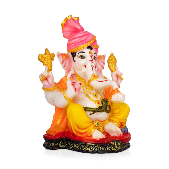Pagdi Ganesha Sitting On Base Statue - 11 x 8 Inches | Resin Idol/ Ganapati Murti For Pooja