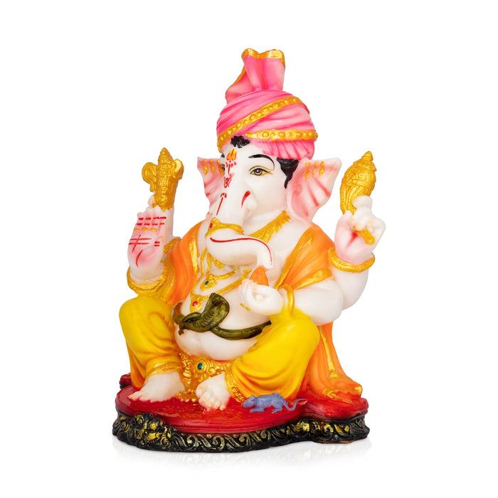 Pagdi Ganesha Sitting On Base Statue - 11 x 8 Inches | Resin Idol/ Ganapati Murti For Pooja
