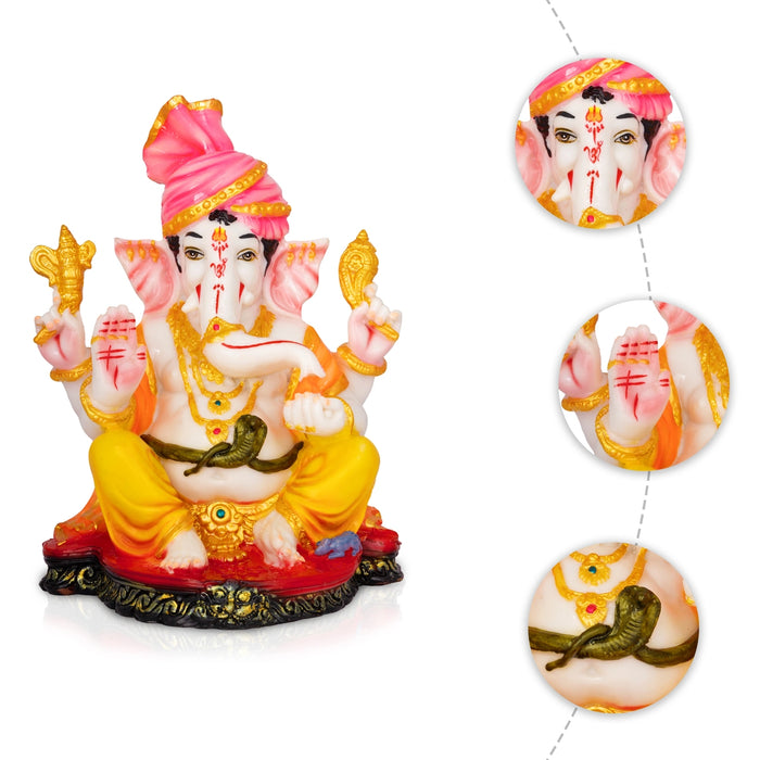 Pagdi Ganesha Sitting On Base Statue - 11 x 8 Inches | Resin Idol/ Ganapati Murti For Pooja