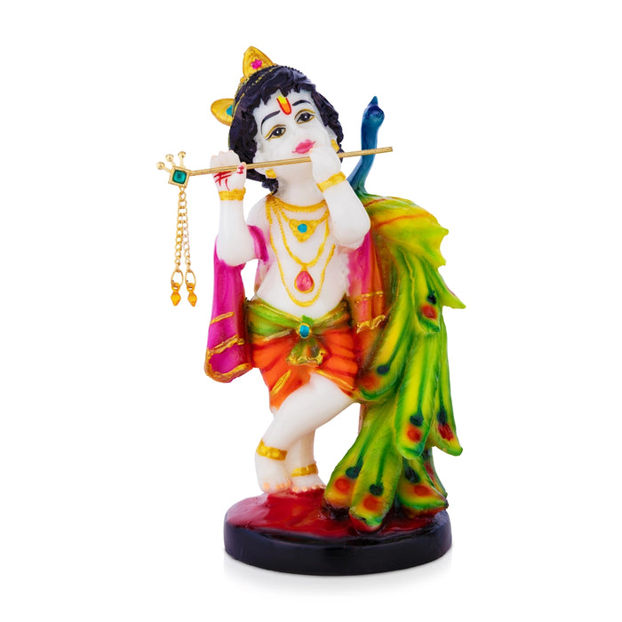 Mor Krishna Idol - 8 x 3.5 Inches | Standing Bal Krishna Statue/ Krishna with Peacock for Home & Pooja Decor