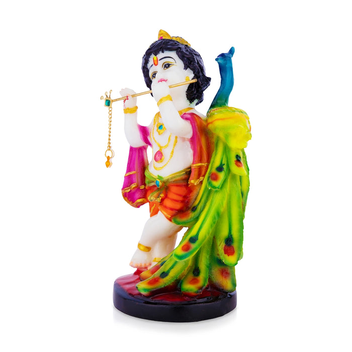 Mor Krishna Idol - 8 x 3.5 Inches | Standing Bal Krishna Statue/ Krishna with Peacock for Home & Pooja Decor