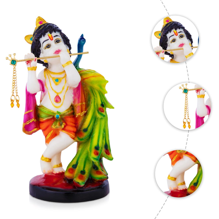 Mor Krishna Idol - 8 x 3.5 Inches | Standing Bal Krishna Statue/ Krishna with Peacock for Home & Pooja Decor