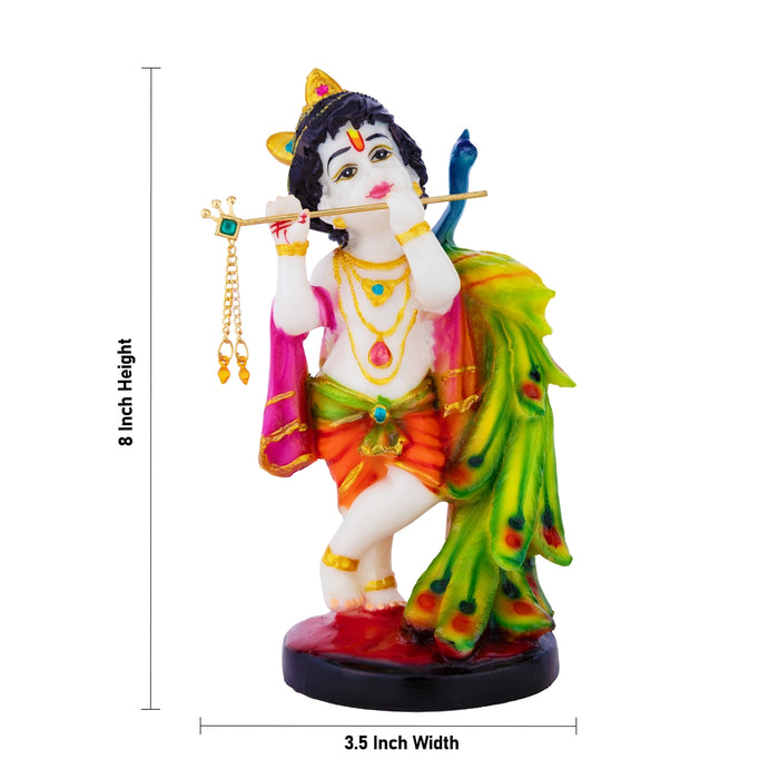 Mor Krishna Idol - 8 x 3.5 Inches | Standing Bal Krishna Statue/ Krishna with Peacock for Home & Pooja Decor