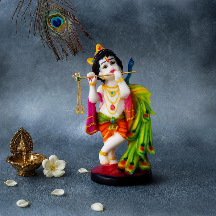 Mor Krishna Idol - 8 x 3.5 Inches | Standing Bal Krishna Statue/ Krishna with Peacock for Home & Pooja Decor