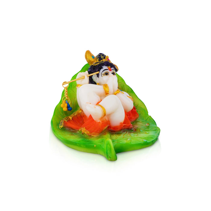 Lord Krishna On Leaf Base Murti - 3.5 x 3.5 Inches | Resin Idol / Krishna statue For Home & Pooja Decor