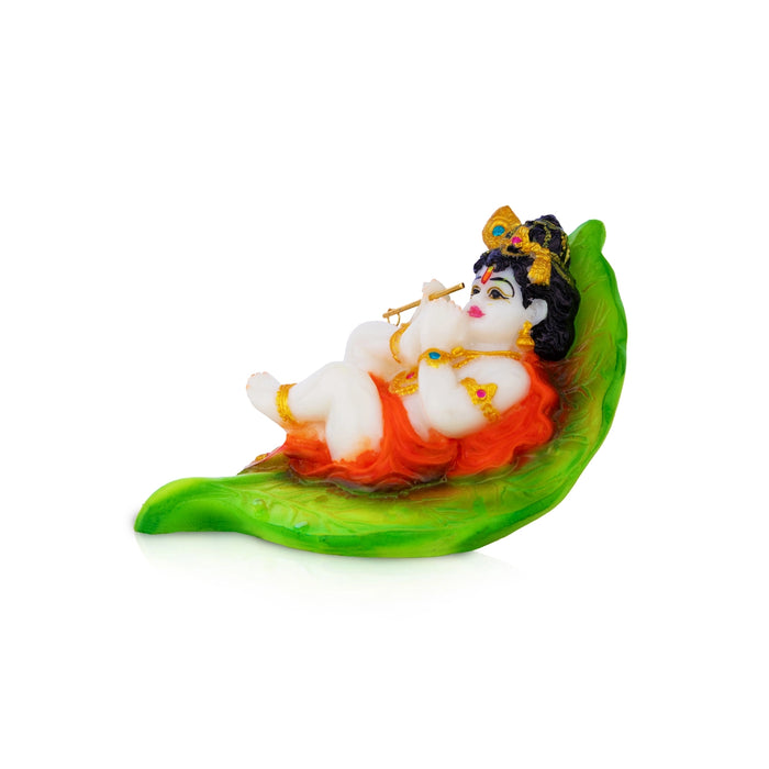 Lord Krishna On Leaf Base Murti - 3.5 x 3.5 Inches | Resin Idol / Krishna statue For Home & Pooja Decor