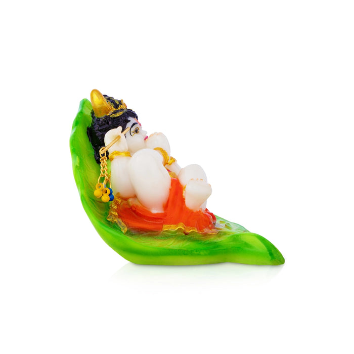 Lord Krishna On Leaf Base Murti - 3.5 x 3.5 Inches | Resin Idol / Krishna statue For Home & Pooja Decor
