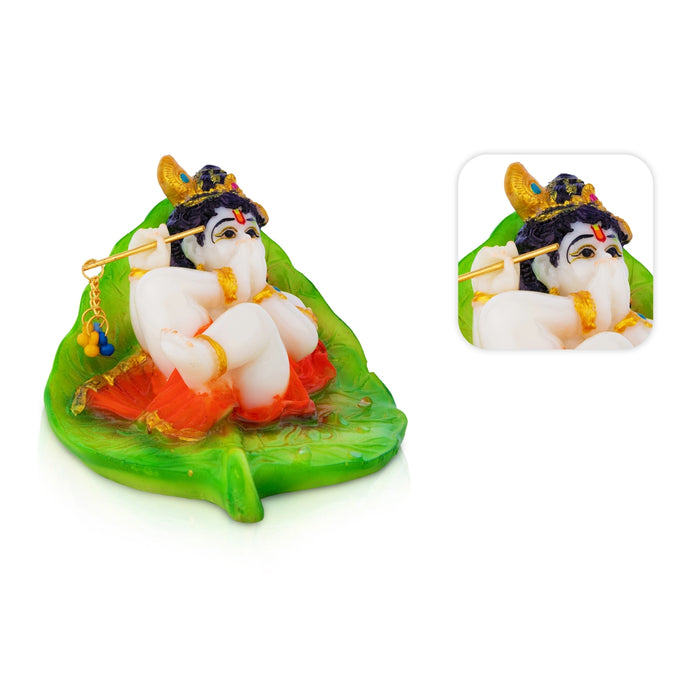 Lord Krishna On Leaf Base Murti - 3.5 x 3.5 Inches | Resin Idol / Krishna statue For Home & Pooja Decor