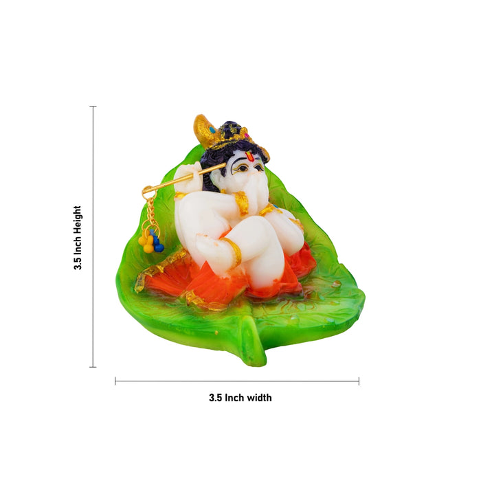 Lord Krishna On Leaf Base Murti - 3.5 x 3.5 Inches | Resin Idol / Krishna statue For Home & Pooja Decor