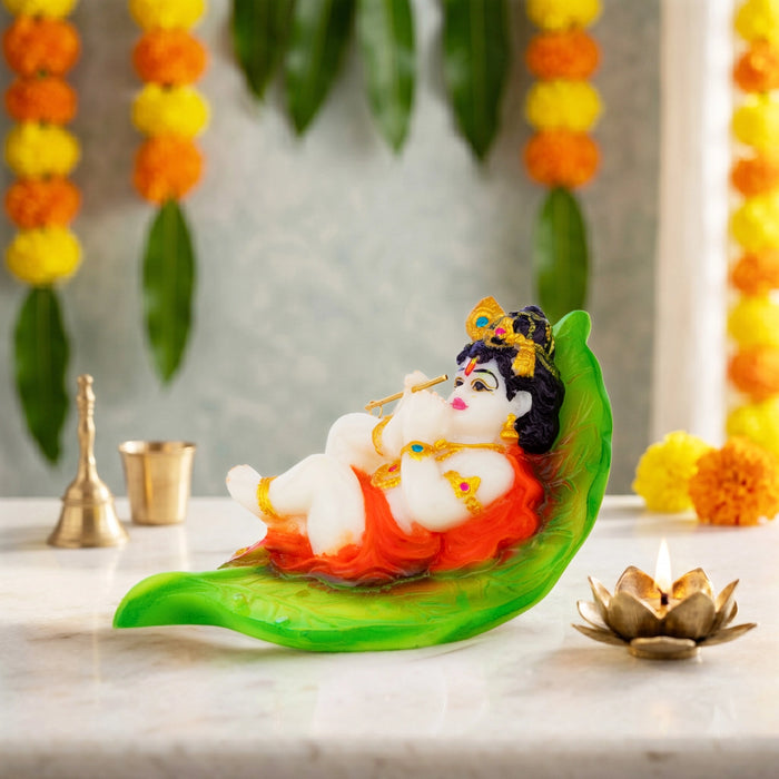 Lord Krishna On Leaf Base Murti - 3.5 x 3.5 Inches | Resin Idol / Krishna statue For Home & Pooja Decor