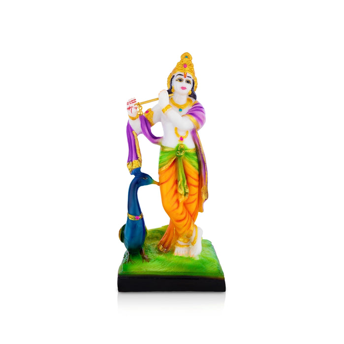 Krishna with Peacock Standing on Base Murti - 9 x 3.75 Inches | Marble Dust Idol/ Lord Krishna for Pooja Decor