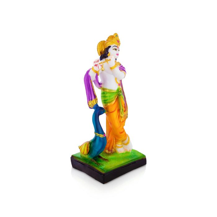 Krishna with Peacock Standing on Base Murti - 9 x 3.75 Inches | Marble Dust Idol/ Lord Krishna for Pooja Decor