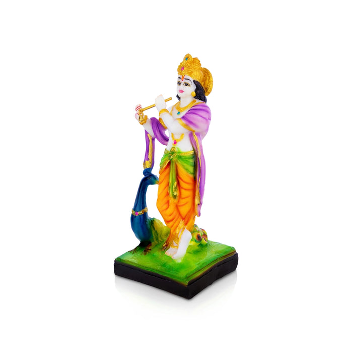 Krishna with Peacock Standing on Base Murti - 9 x 3.75 Inches | Marble Dust Idol/ Lord Krishna for Pooja Decor
