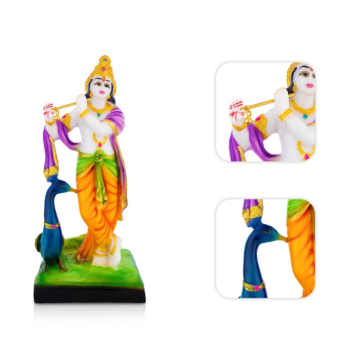 Krishna with Peacock Standing on Base Murti - 9 x 3.75 Inches | Marble Dust Idol/ Lord Krishna for Pooja Decor