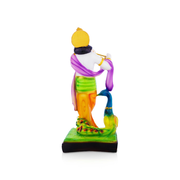 Krishna with Peacock Standing on Base Murti - 9 x 3.75 Inches | Marble Dust Idol/ Lord Krishna for Pooja Decor