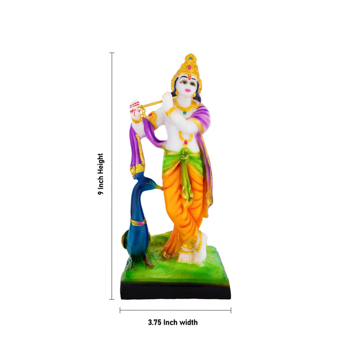 Krishna with Peacock Standing on Base Murti - 9 x 3.75 Inches | Marble Dust Idol/ Lord Krishna for Pooja Decor
