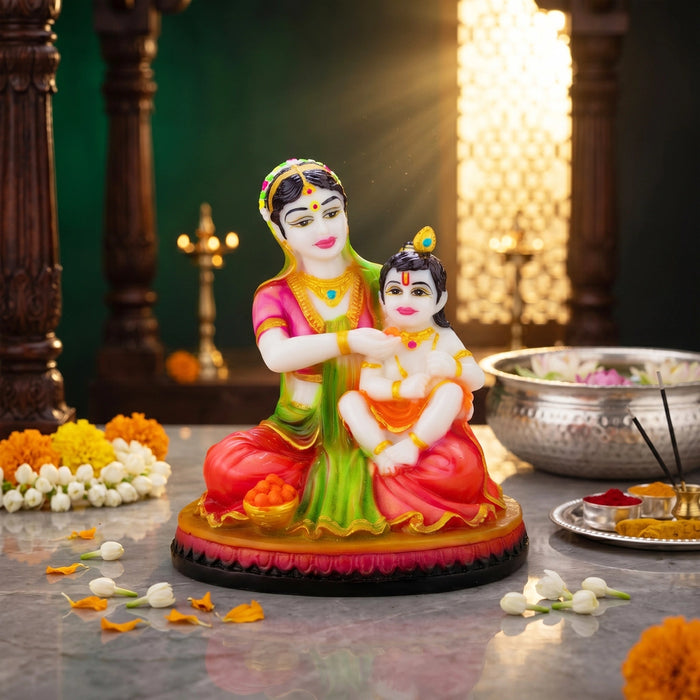 Yashoda Krishna Statue - 6 x 5 Inches | Marbledust Idol/ Bal Krishna with Yashoda Murti for Janmashtami Decor