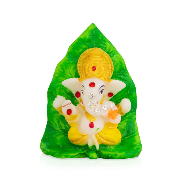 Stone Ganesha - 2.75 x 2 Inches | Ganesha Idol on Betel Leaf/ Vinayagar Murti for Car Dashboard & Pooja