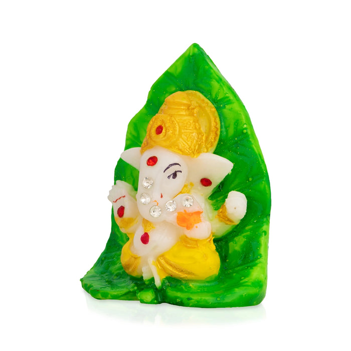 Stone Ganesha - 2.75 x 2 Inches | Ganesha Idol on Betel Leaf/ Vinayagar Murti for Car Dashboard & Pooja