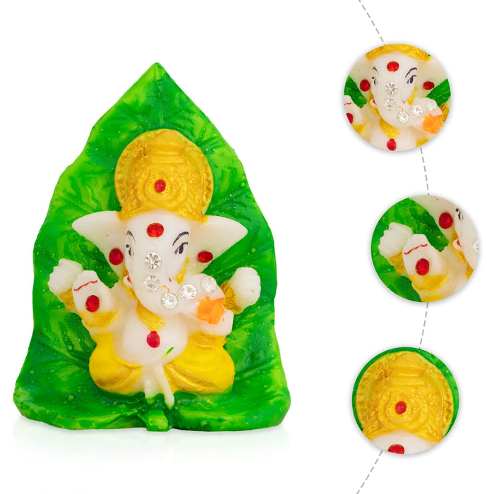 Stone Ganesha - 2.75 x 2 Inches | Ganesha Idol on Betel Leaf/ Vinayagar Murti for Car Dashboard & Pooja