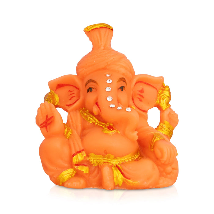 Orange Ganesha Idol - 3 x 2.5 Inches | Resin Statue/ Stone Design Vinayakar Murti For Living Space & Pooja Decor