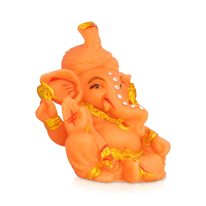 Orange Ganesha Idol - 3 x 2.5 Inches | Resin Statue/ Stone Design Vinayakar Murti For Living Space & Pooja Decor