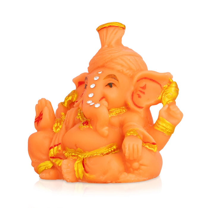 Orange Ganesha Idol - 3 x 2.5 Inches | Resin Statue/ Stone Design Vinayakar Murti For Living Space & Pooja Decor