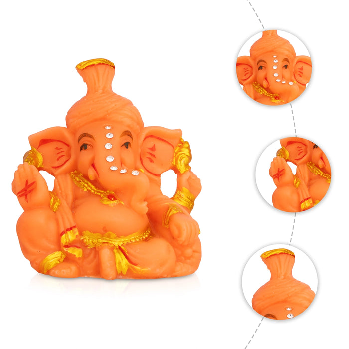 Orange Ganesha Idol - 3 x 2.5 Inches | Resin Statue/ Stone Design Vinayakar Murti For Living Space & Pooja Decor