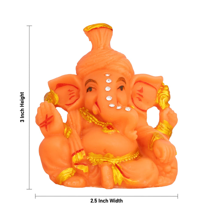 Orange Ganesha Idol - 3 x 2.5 Inches | Resin Statue/ Stone Design Vinayakar Murti For Living Space & Pooja Decor