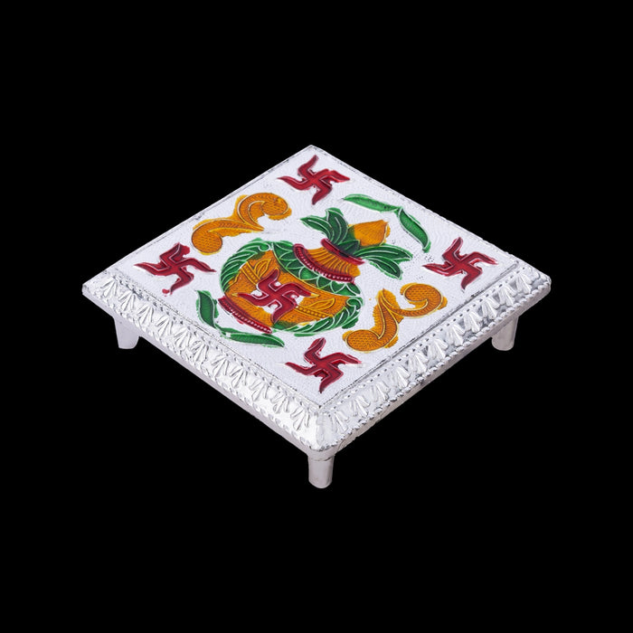Pooja Chowki With Base - 1.5 x 4 Inches | Manai Palagai/ Silver Polish Bajot/ Kalash Design Patla For Deity