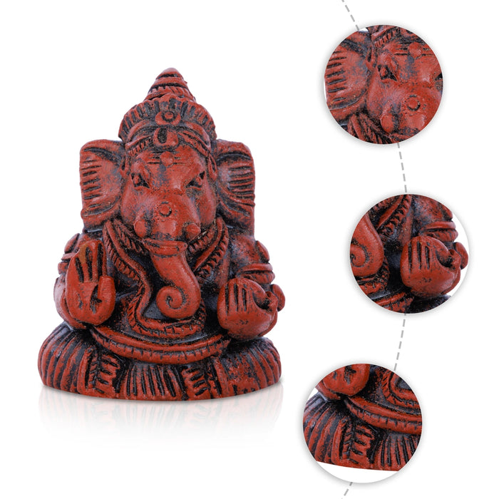 Ganesha Sitting Murti - 3 x 2.5 Inches | Teracotta Wood Finish Idol/ vinayagar Statue For Home & Pooja