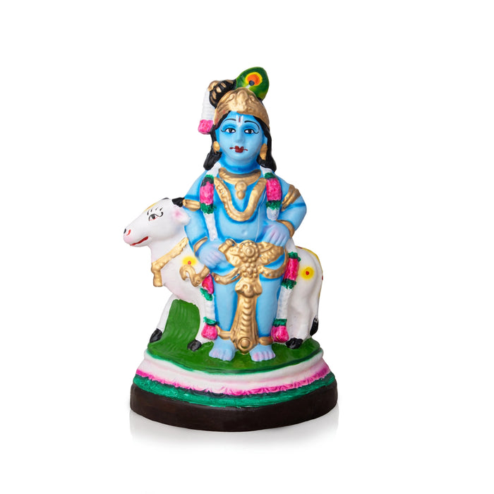 Krishna with Cow Clay Golu Bommai - 9 x 6 Inches | Giri Golu Doll/ Navaratri Golu Bomma/Gombe/Bommai