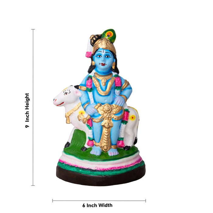 Krishna with Cow Clay Golu Bommai - 9 x 6 Inches | Giri Golu Doll/ Navaratri Golu Bomma/Gombe/Bommai