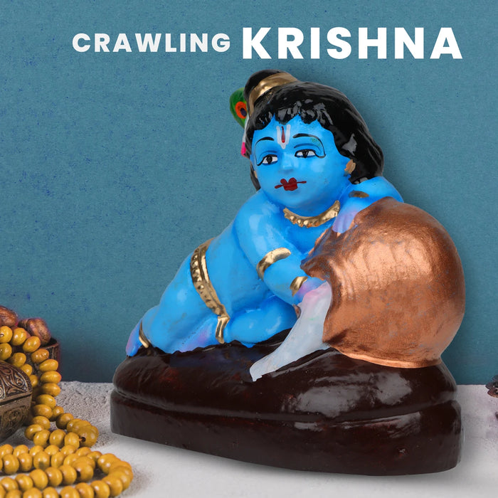 Crawling Krishna with Pot Clay Golu Bommai - 6 x 5 Inches | Giri Golu Doll/ Navaratri Golu Bomma/Gombe/Bommai - Clay Kolu Bommai