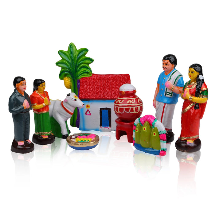 Pongal Clay Golu Bommai Set - 8 x 7 Inches | 8 Pcs/ Giri Golu Doll/ Navaratri Golu Bomma/ Gombe - Clay Golu Bommai