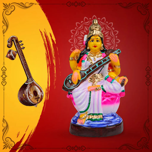 Saraswati Clay Golu Bommai - 10 inches / Golu Doll / Navaratri Golu Bomma / Gombe / Bommalu - Clay Kolu Bommai
