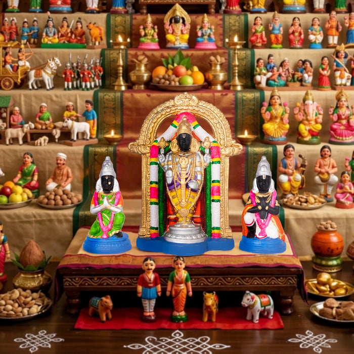 Uppiliyappan Clay Golu bommai Set - 16 x 11.5 Inches | 3 Pcs/ Giri Golu Doll/ Navaratri Golu Bomma/ Gombe/ Bommai