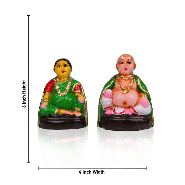Thatha Patti Clay Golu Bommai Pair - 6 x 4 Inches | Giri Golu Doll/ Navaratri Golu Bomma/Gombe/Bommai - Clay Kolu Bommai