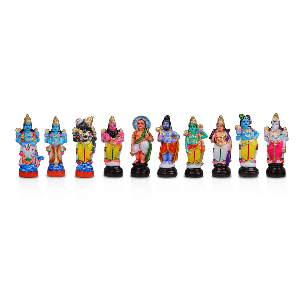 Dasavatharam Clay Golu Bommai Set - 10 x 3 Inches | Giri Golu Doll/ Navaratri Golu Bomma/Gombe/Bommai