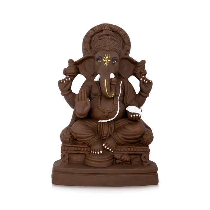 Eco Friendly Ganesha Idol Sitting On Simhasanam - 12 x 7.5 Inches | Clay Ganpati Idol Trunk on Left Side/ Ganpati Decor - Eco Friendly Ganesha